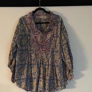 Magnolia Pearl Blue and Purple 3/4 Sleeve Relaxed Blouse with Mandarin Collar